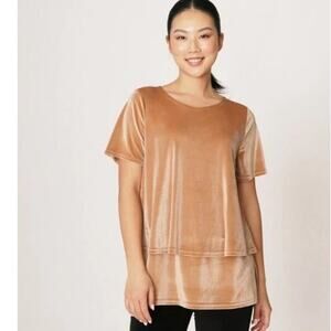 DG2 Diane Gilman Short Sleeve Easy Top sz L Camel Velour Velvet Tunic Holiday